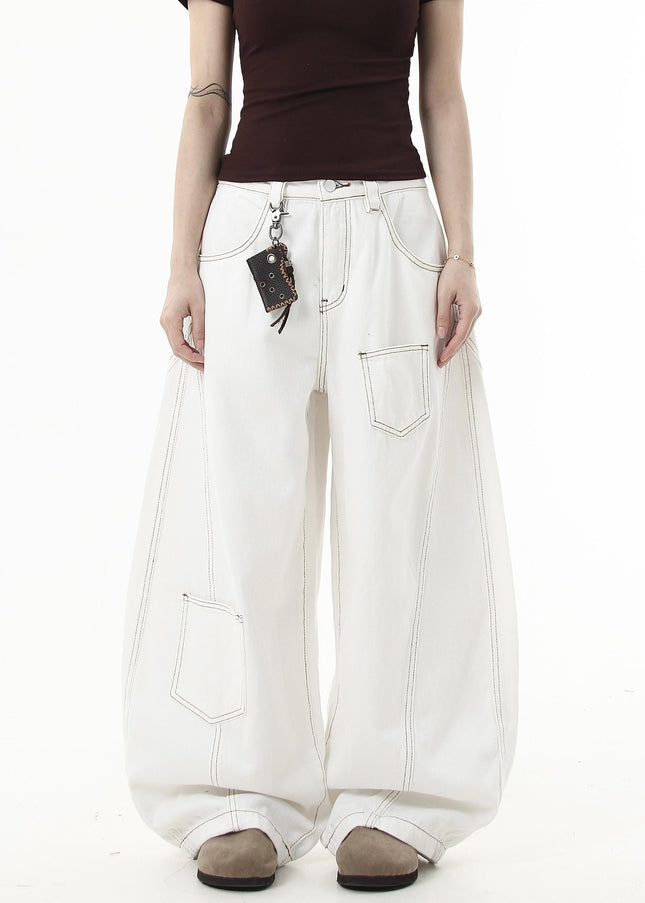 Black Deconstructed Topstitch Wide-Leg Cargo Jeans - Women’s Jeans