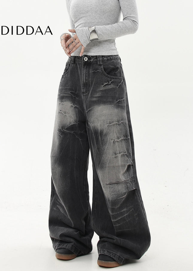 Black Distressed Gradient Lightning Stripe Wide-Leg Jeans - Women’s Jeans