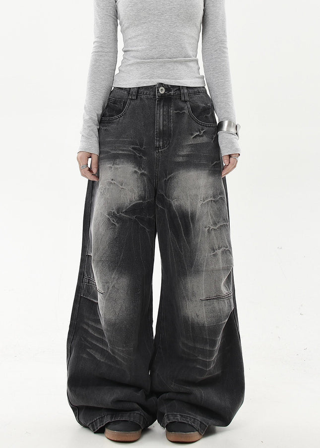 Black Distressed Gradient Lightning Stripe Wide-Leg Jeans - Women’s Jeans