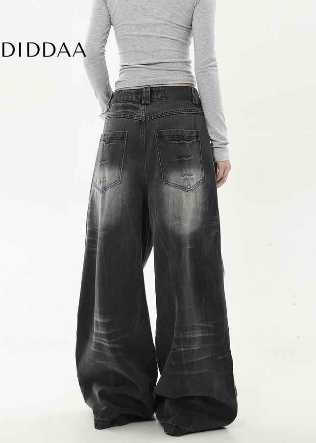 Black Distressed Gradient Lightning Stripe Wide-Leg Jeans - Women’s Jeans