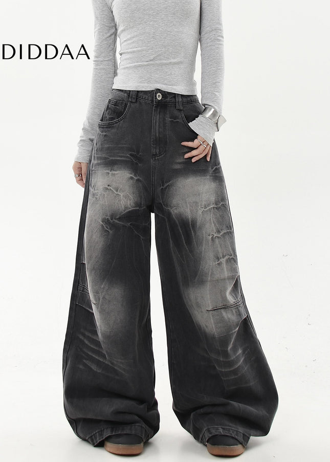 Black Distressed Gradient Lightning Stripe Wide-Leg Jeans - Women’s Jeans