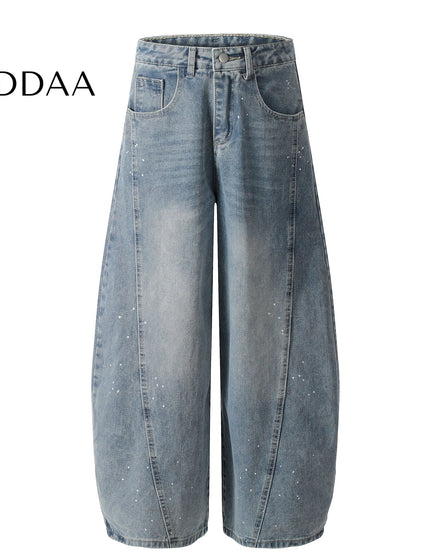 Black Distressed Ink-Splashed Scimitar Wide-Leg Jeans - S / Blue - Women’s Jeans