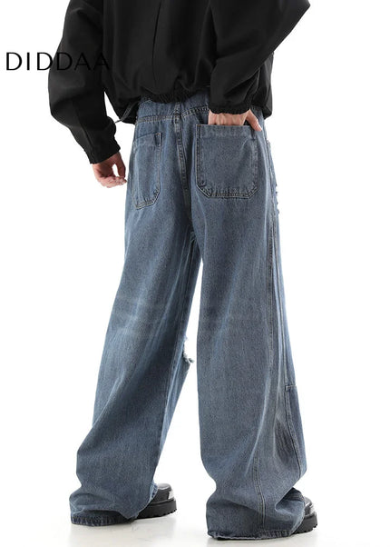 Black Distressed Mop Wide-Leg Wasteland Style Jeans - Men’s Jeans