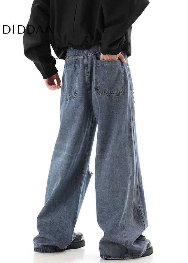 Black Distressed Mop Wide-Leg Wasteland Style Jeans - Men’s Jeans