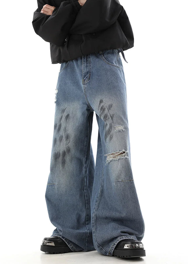 Black Distressed Mop Wide-Leg Wasteland Style Jeans - Men’s Jeans