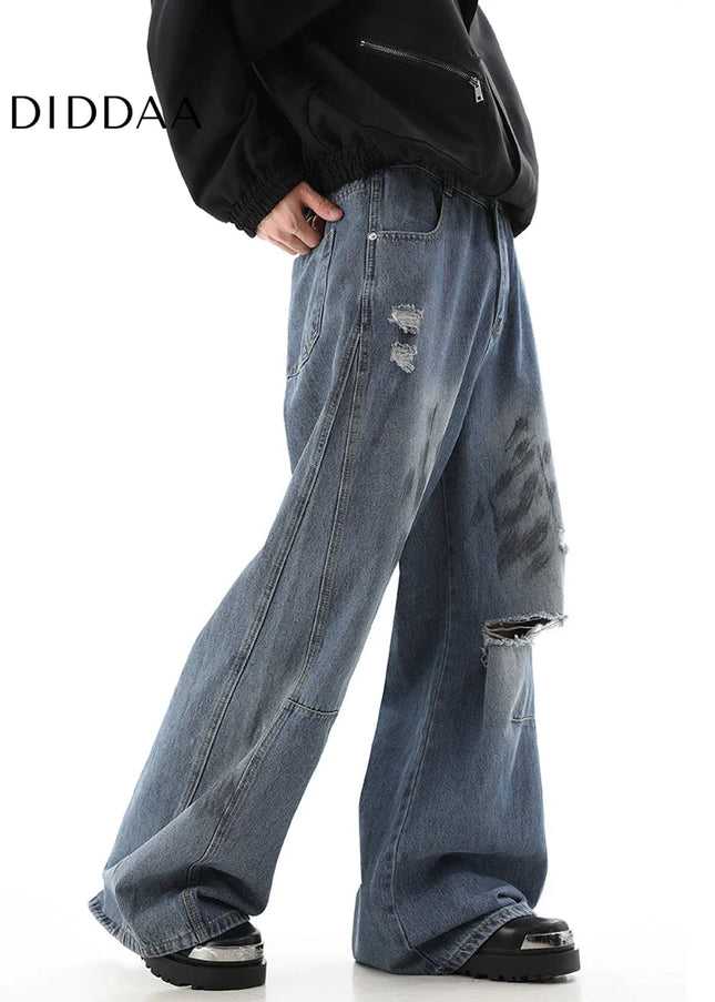 Black Distressed Mop Wide-Leg Wasteland Style Jeans - Men’s Jeans