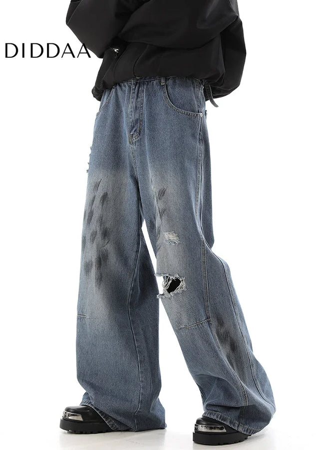 Black Distressed Mop Wide-Leg Wasteland Style Jeans - Men’s Jeans