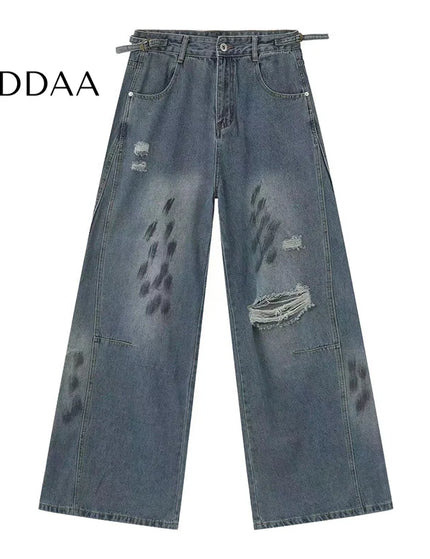 Black Distressed Mop Wide-Leg Wasteland Style Jeans - S / Blue - Men’s Jeans