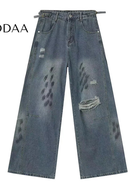 Black Distressed Mop Wide-Leg Wasteland Style Jeans - S / Blue - Men’s Jeans