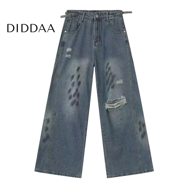 Black Distressed Mop Wide-Leg Wasteland Style Jeans - S / Blue - Men’s Jeans