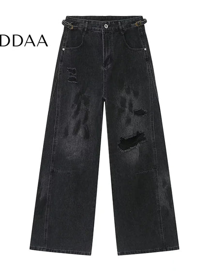 Black Distressed Mop Wide-Leg Wasteland Style Jeans - S / Dark Grey - Men’s Jeans