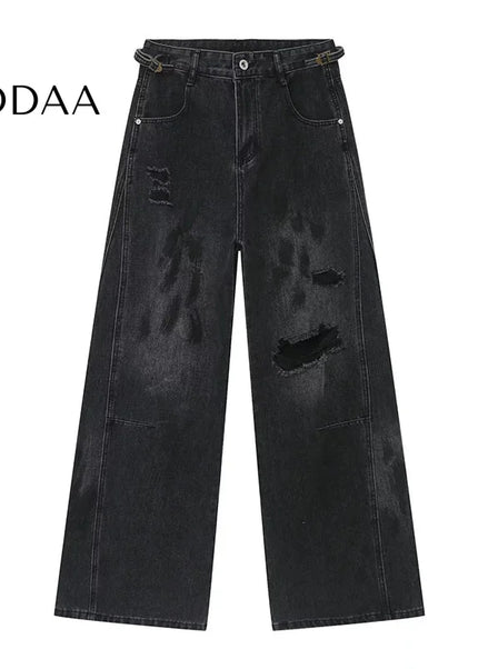Black Distressed Mop Wide-Leg Wasteland Style Jeans - S / Dark Grey - Men’s Jeans