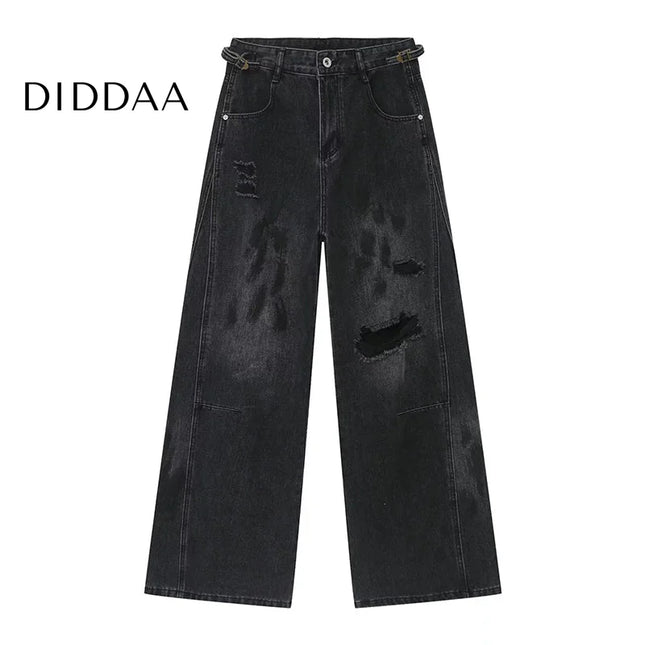 Black Distressed Mop Wide-Leg Wasteland Style Jeans - S / Dark Grey - Men’s Jeans