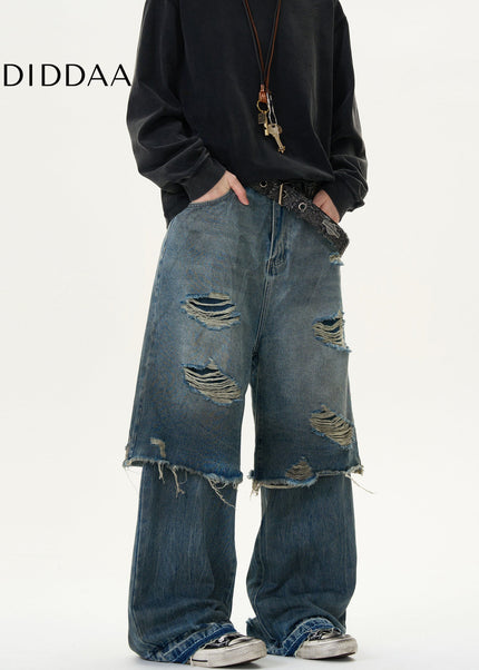 Black Distressed Panelled Straight-Leg Slacks - Men’s Jeans