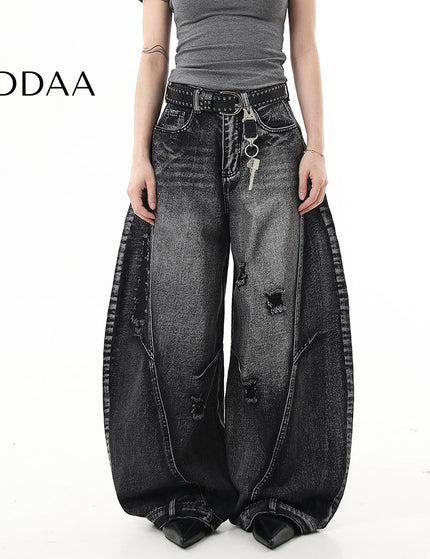 Black Distressed Ripped Scimitar Wide Leg Jeans - S / Black - Women’s Jeans