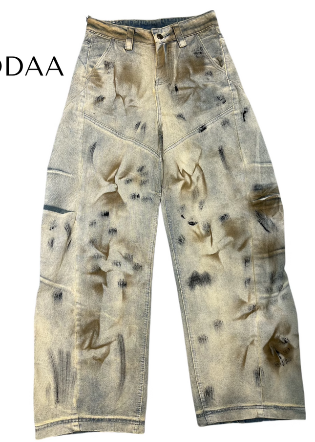 Black Distressed Wide Leg Scimitar Jeans Unisex - S / Brown - Women’s Jeans