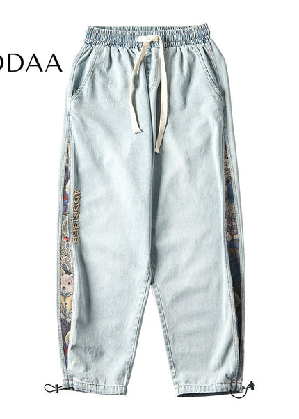 Black Embroidered Bear Cropped Harem Pants - M / Blue - Men’s Jeans