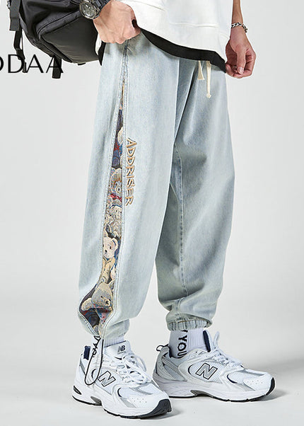 Black Embroidered Bear Cropped Harem Pants - Men’s Jeans