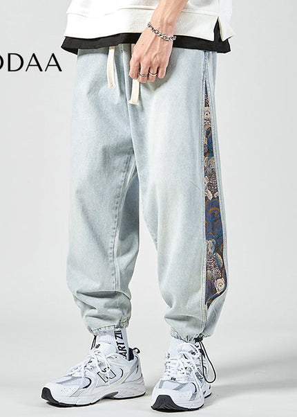 Black Embroidered Bear Cropped Harem Pants - Men’s Jeans