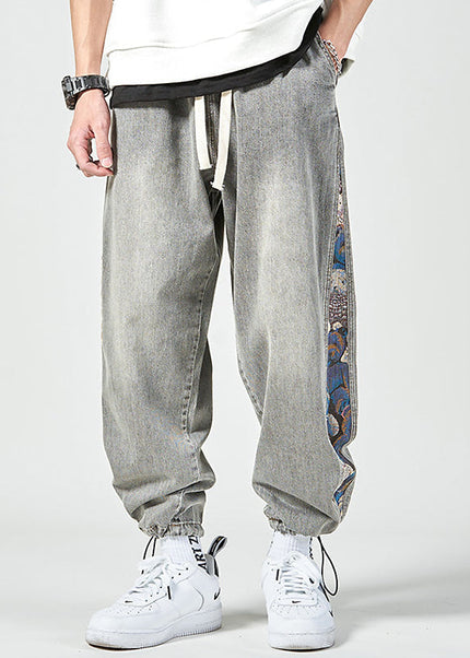 Black Embroidered Bear Cropped Harem Pants - Men’s Jeans