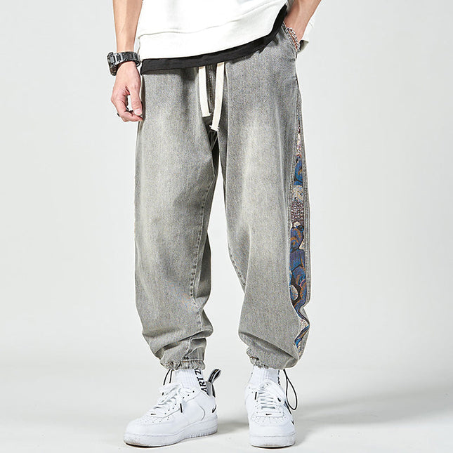 Black Embroidered Bear Cropped Harem Pants - Men’s Jeans