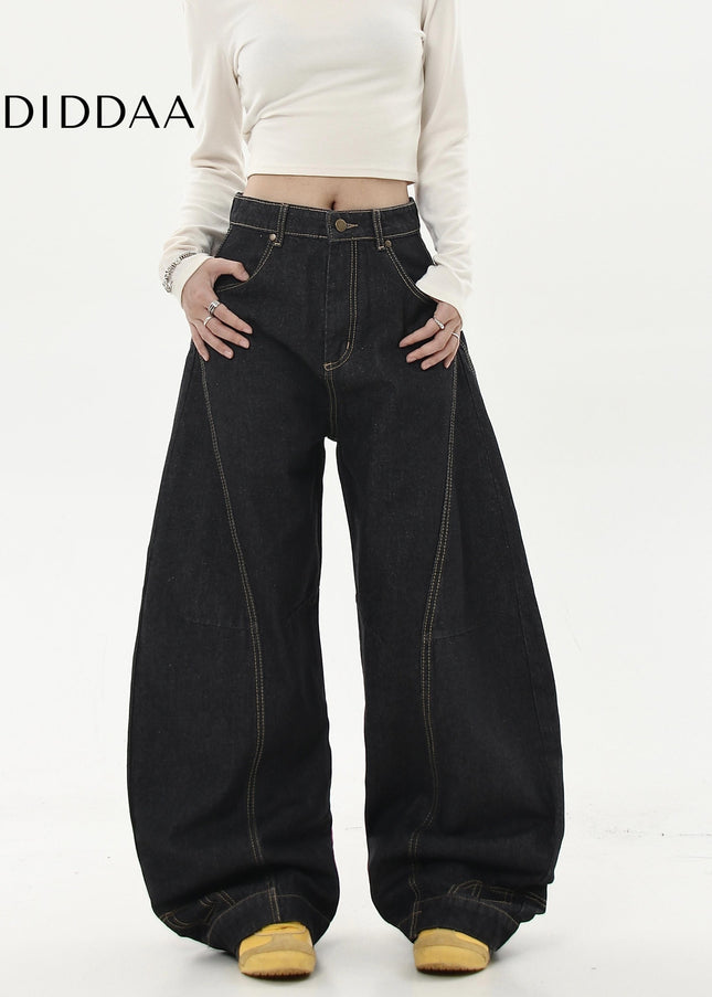 Black Embroidered Loose Wide-Leg Scimitar Jeans - Women’s Jeans