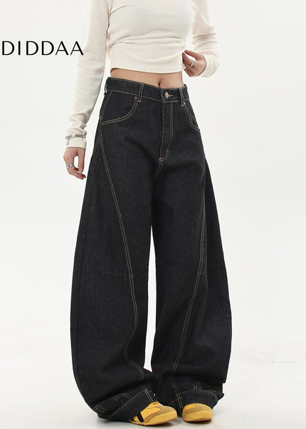 Black Embroidered Loose Wide-Leg Scimitar Jeans - Women’s Jeans