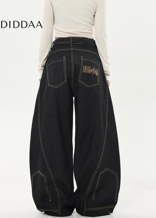 Black Embroidered Loose Wide-Leg Scimitar Jeans - Women’s Jeans