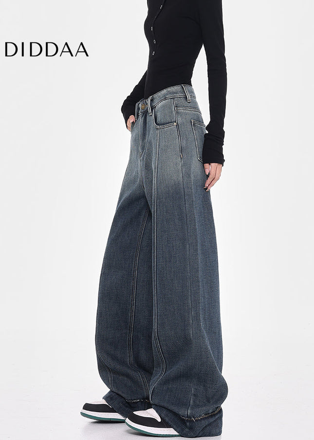 Black Fleece Wide-Leg Jeans with Smudge Design - S / Dark Blue - Women’s Jeans