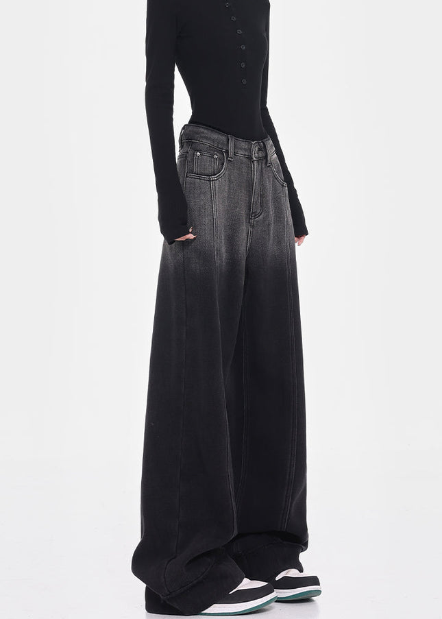 Black Fleece Wide-Leg Jeans with Smudge Design - Women’s Jeans