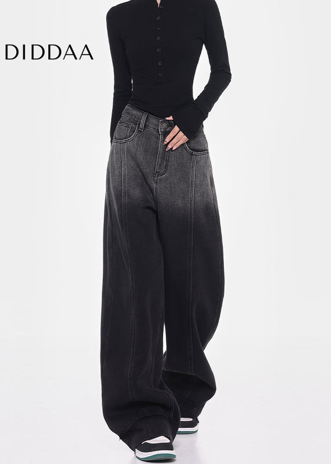 Black Fleece Wide-Leg Jeans with Smudge Design - Women’s Jeans