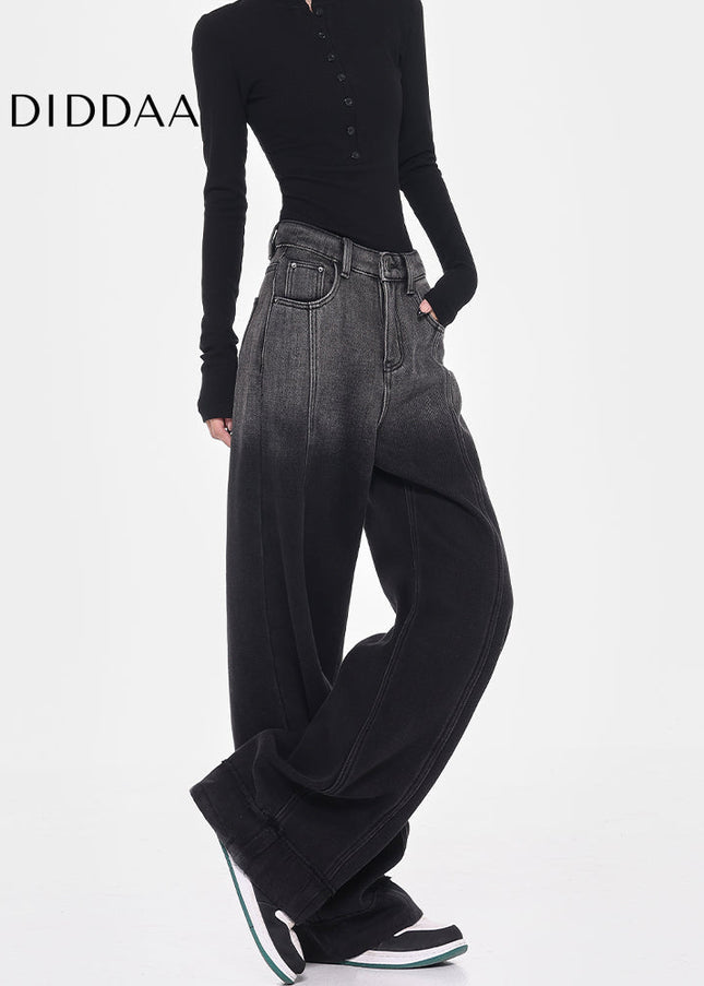 Black Fleece Wide-Leg Jeans with Smudge Design - Women’s Jeans