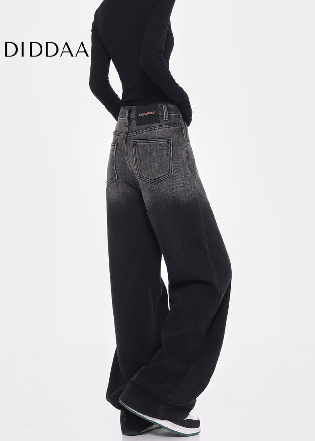 Black Fleece Wide-Leg Jeans with Smudge Design - Women’s Jeans