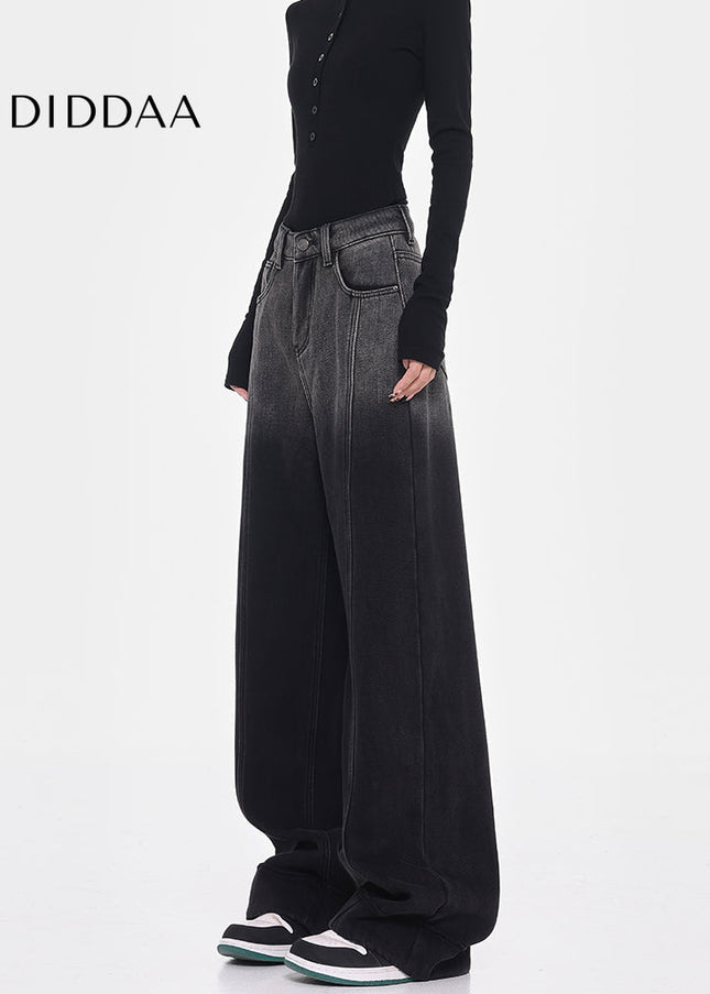 Black Fleece Wide-Leg Jeans with Smudge Design - Women’s Jeans