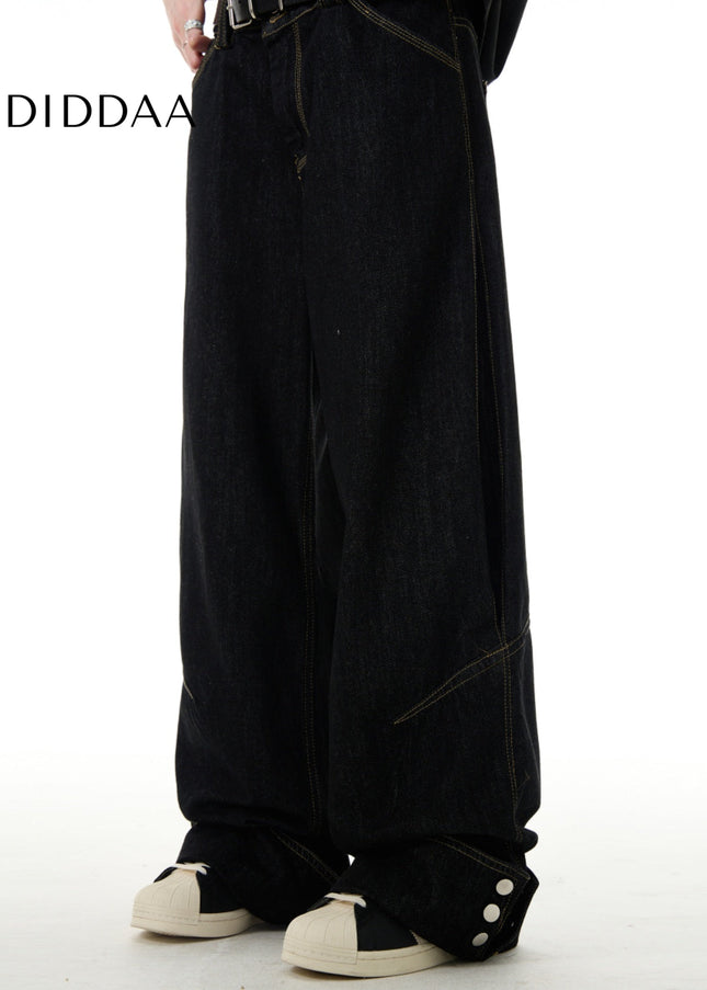 Black Flip Up Button Wide Leg Jeans Vibe Lazy Style - Men’s Jeans