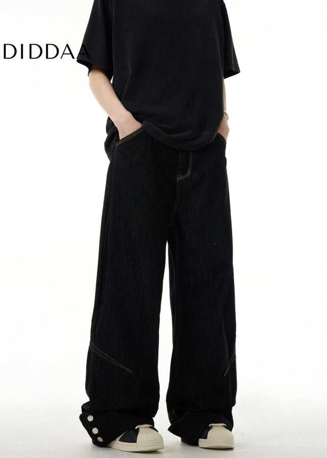 Black Flip Up Button Wide Leg Jeans Vibe Lazy Style - Men’s Jeans