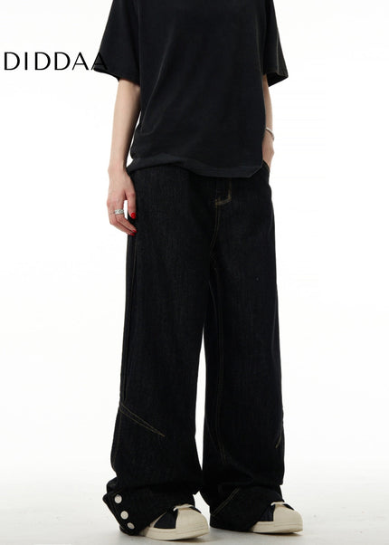 Black Flip Up Button Wide Leg Jeans Vibe Lazy Style - Men’s Jeans