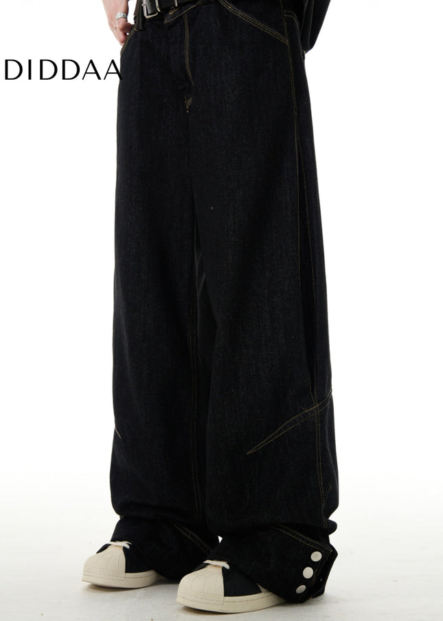 Black Flip Up Button Wide Leg Jeans Vibe Lazy Style - Men’s Jeans