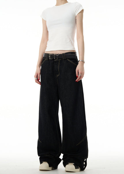 Black Flip Up Button Wide Leg Jeans Vibe Lazy Style - Men’s Jeans