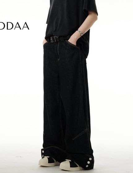 Black Flip Up Button Wide Leg Jeans Vibe Lazy Style - Black / XS - Men’s Jeans