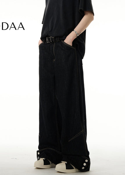 Black Flip Up Button Wide Leg Jeans Vibe Lazy Style - Black / XS - Men’s Jeans