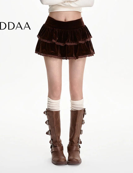 Black Gold Velvet High-Waisted A-Line Skirt for Women - S / Brown - Skirts