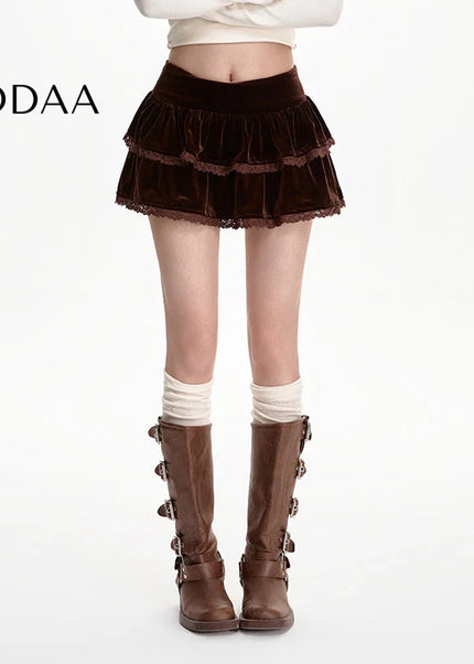 Black Gold Velvet High-Waisted A-Line Skirt for Women - S / Brown - Skirts