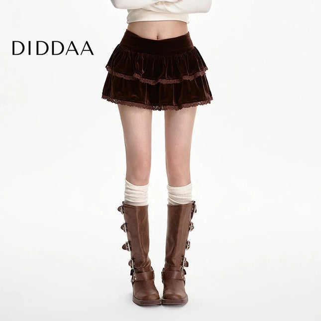 Black Gold Velvet High-Waisted A-Line Skirt for Women - S / Brown - Skirts
