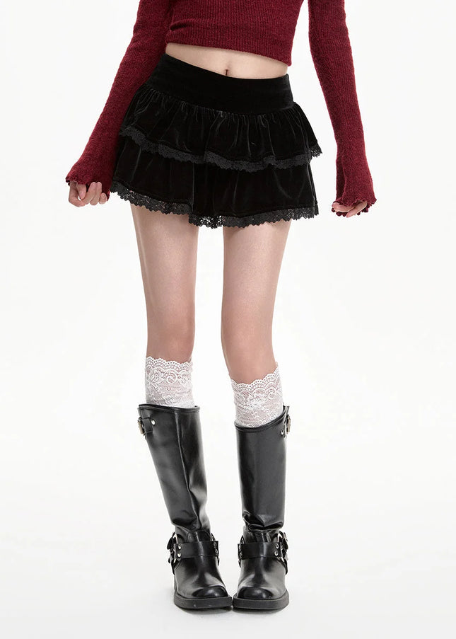 Black Gold Velvet High-Waisted A-Line Skirt for Women - Skirts