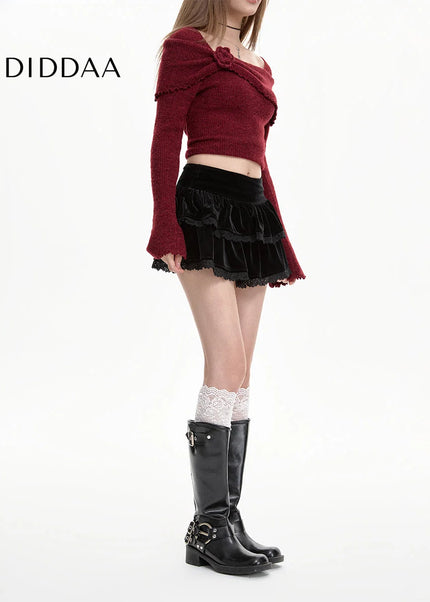 Black Gold Velvet High-Waisted A-Line Skirt for Women - Skirts