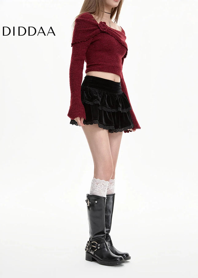 Black Gold Velvet High-Waisted A-Line Skirt for Women - Skirts