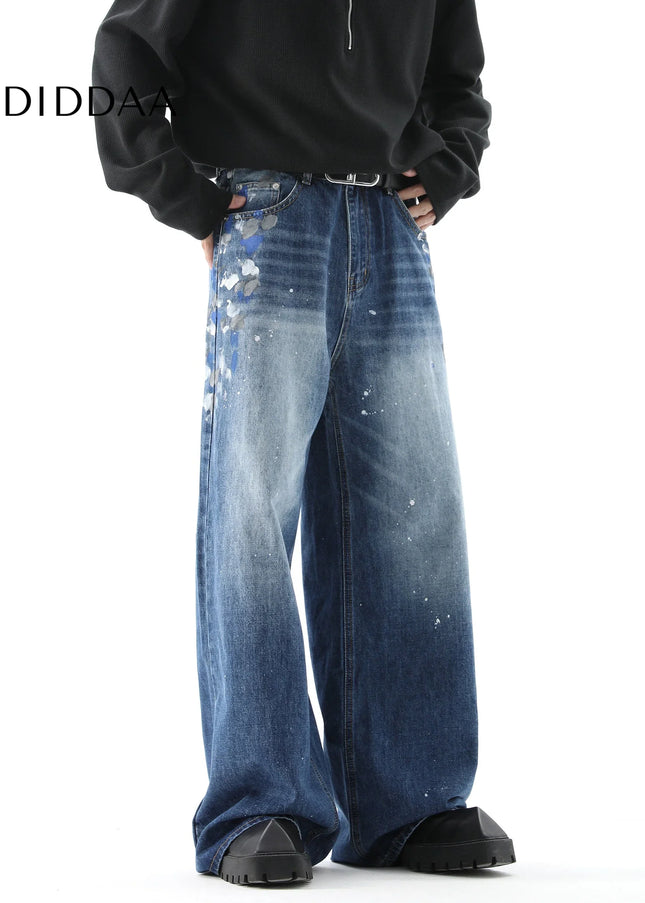 Black Graffiti Print Wide Leg Street Niche Design Jeans - Men’s Jeans