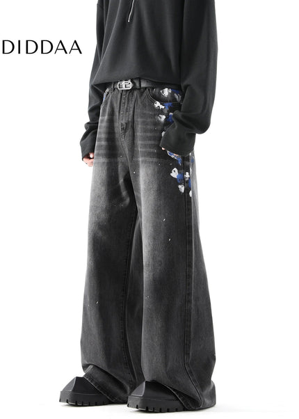 Black Graffiti Print Wide Leg Street Niche Design Jeans - Men’s Jeans