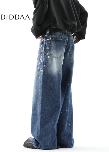 Black Graffiti Print Wide Leg Street Niche Design Jeans - Men’s Jeans